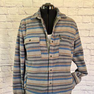 Voyager Women's L/Mens M Fleece Sherpa Lined Snap Flannel Jacket Blue Stripe